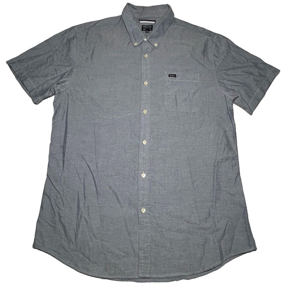 RVCA Mens Short Sleeve Slim Fit Button Up Grey Shirt Size XL